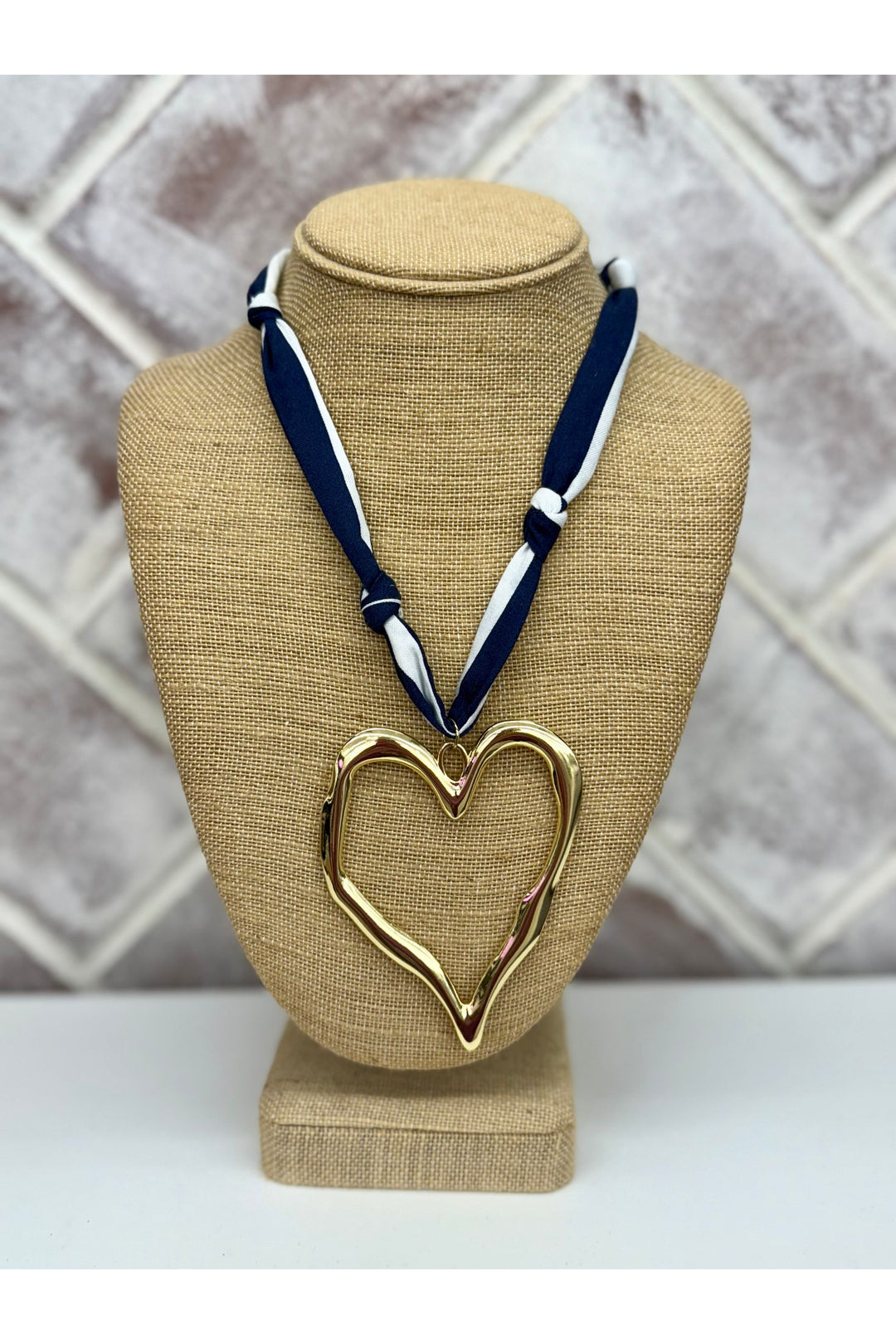 Navy & White Scarf Necklace With Heart Charm