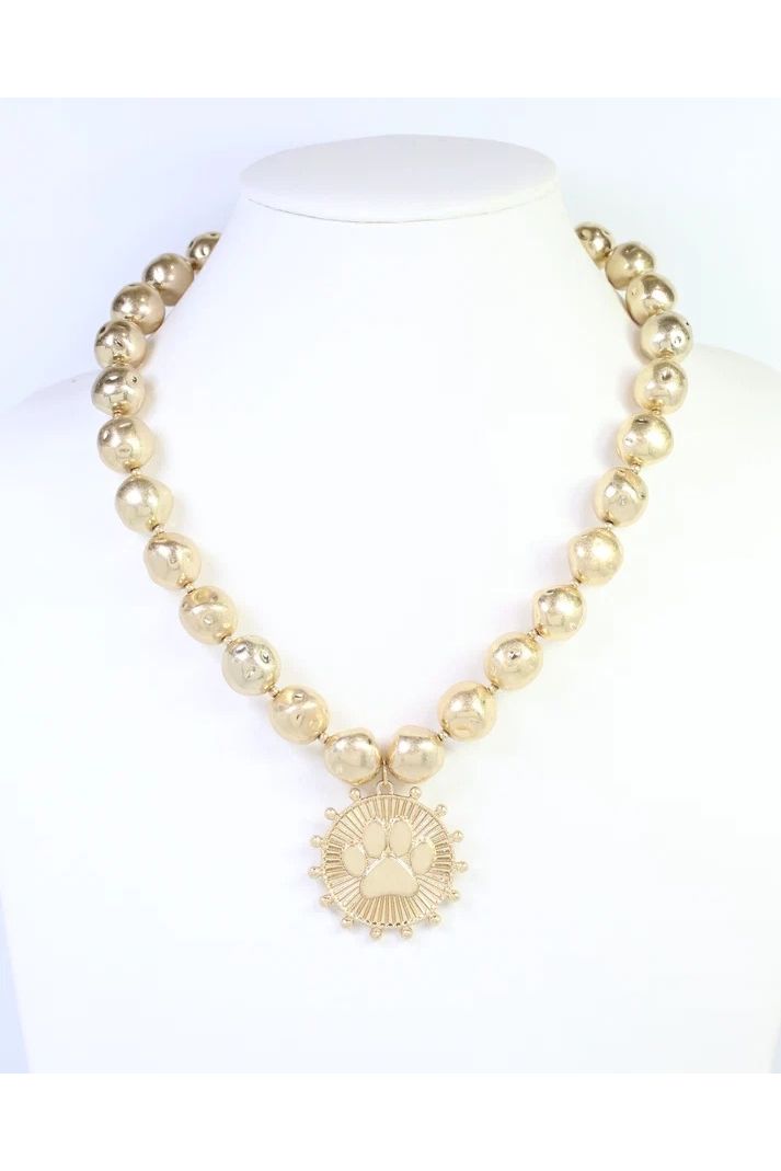 Carmen Beaded Coin Necklace-Paw Print Worn Gold