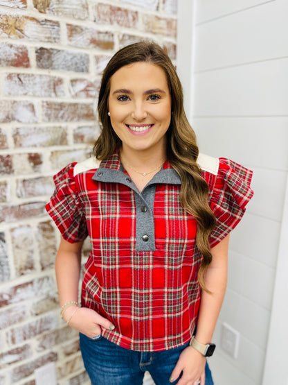 Red + Taupe Plaid Top