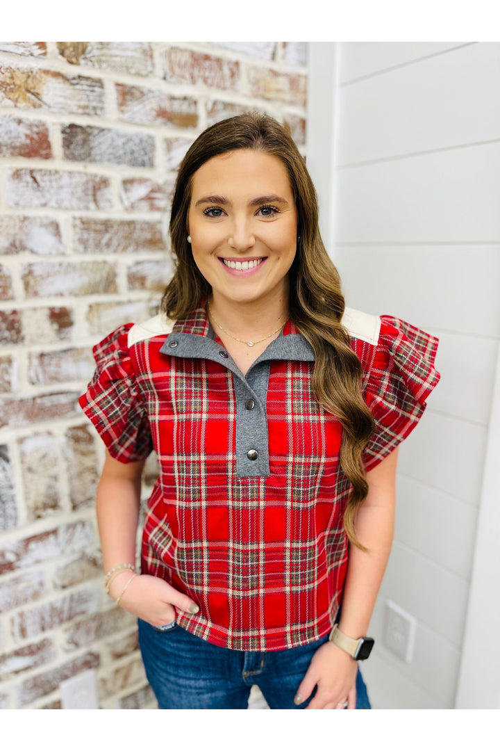 Red + Taupe Plaid Top