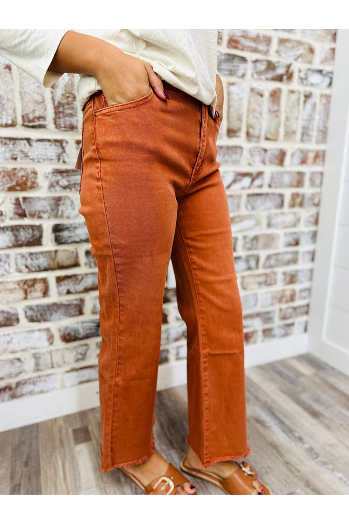 Acid Washed Straight Leg Pants - Rust