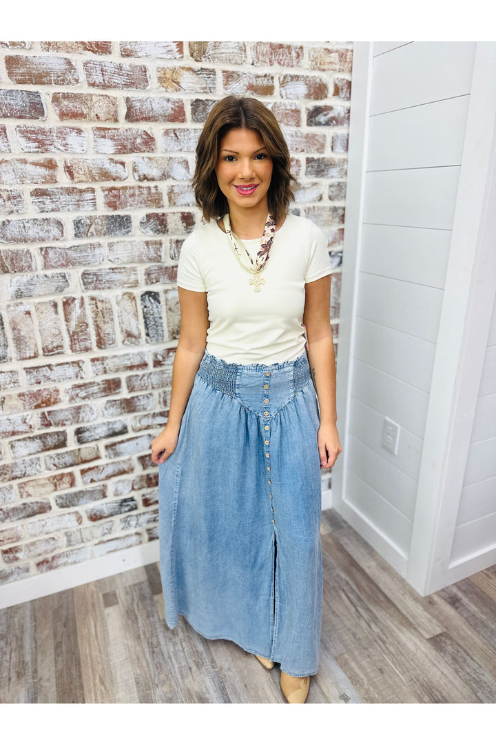 Denim Front Slit Maxi Skirt