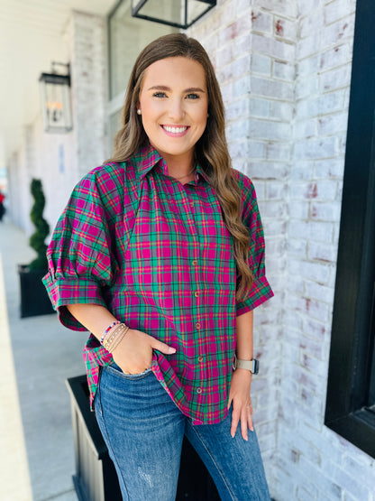 Magenta & Green Plaid Top