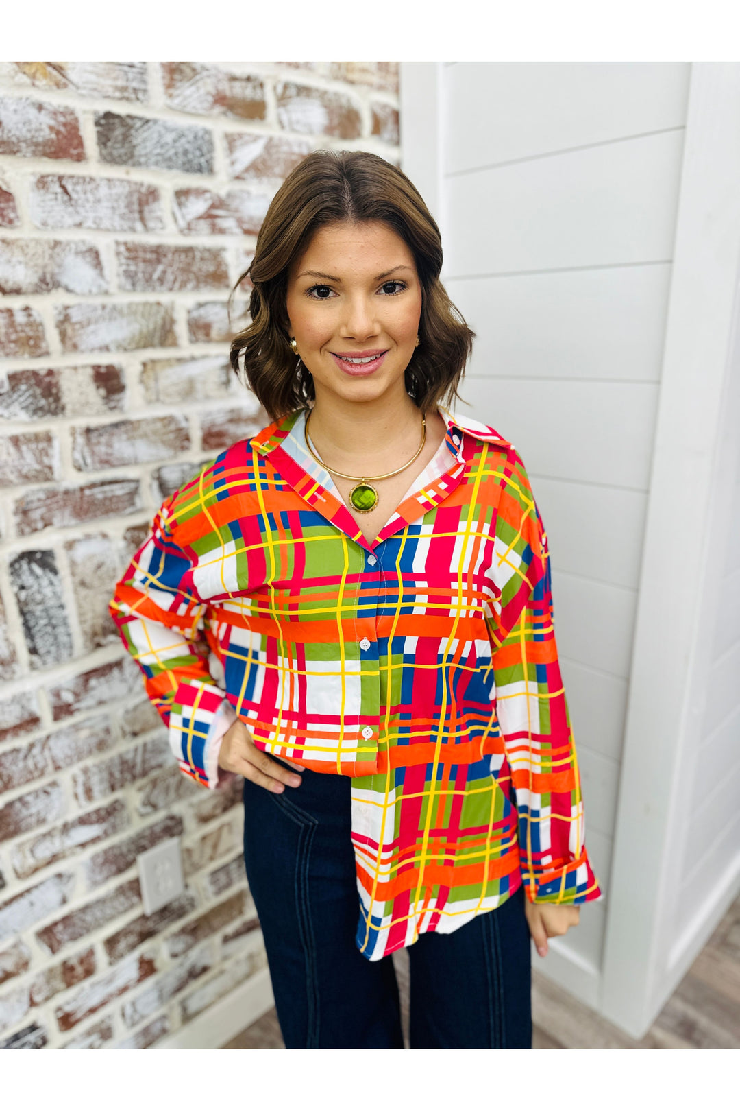 Multicolor Plaid Button Top