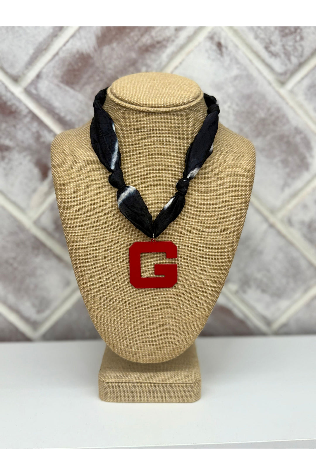 Black & White Scarf Necklace With “G” Charm