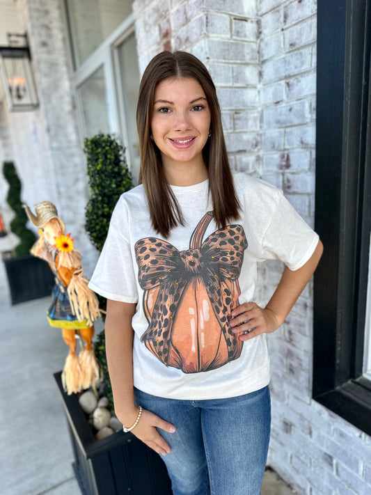 Adult Pumpkin Cheetah Bow Rhinestone Tee