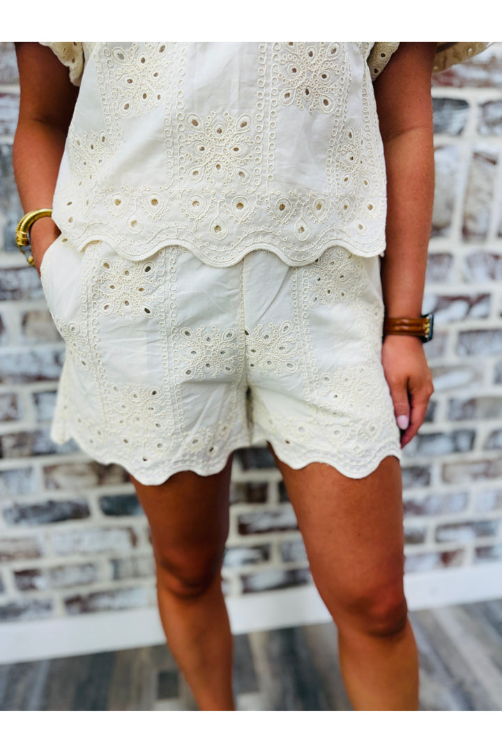 Ivory Scalloped Eyelet Shorts