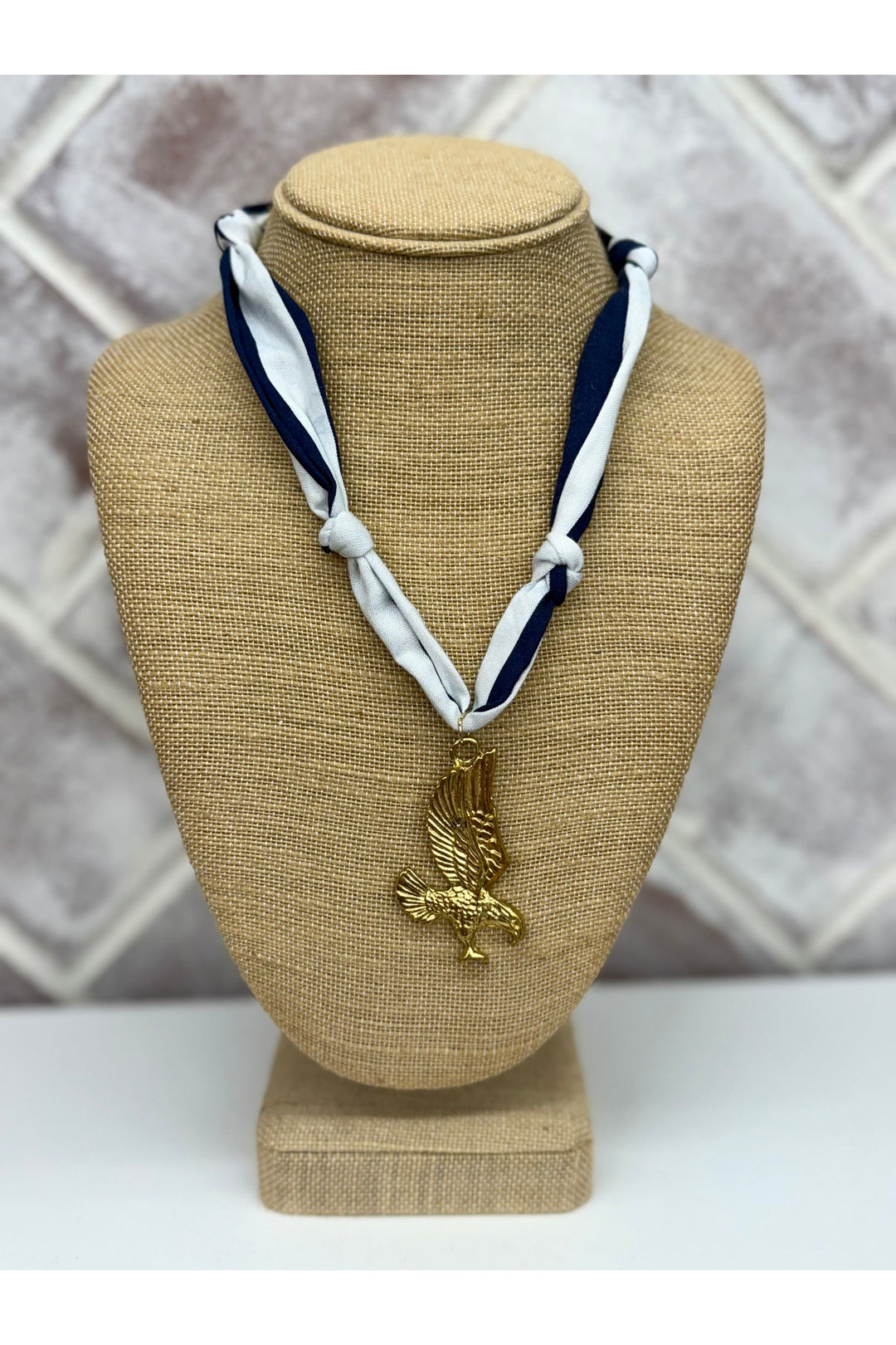 Navy & White Scarf Necklace with Eagle Charm 