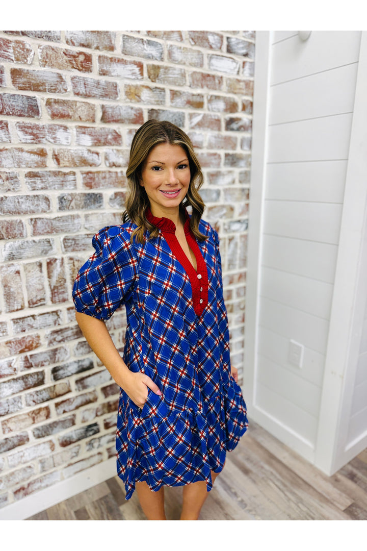 Tartan Charm Ruffle Dress - Indigo