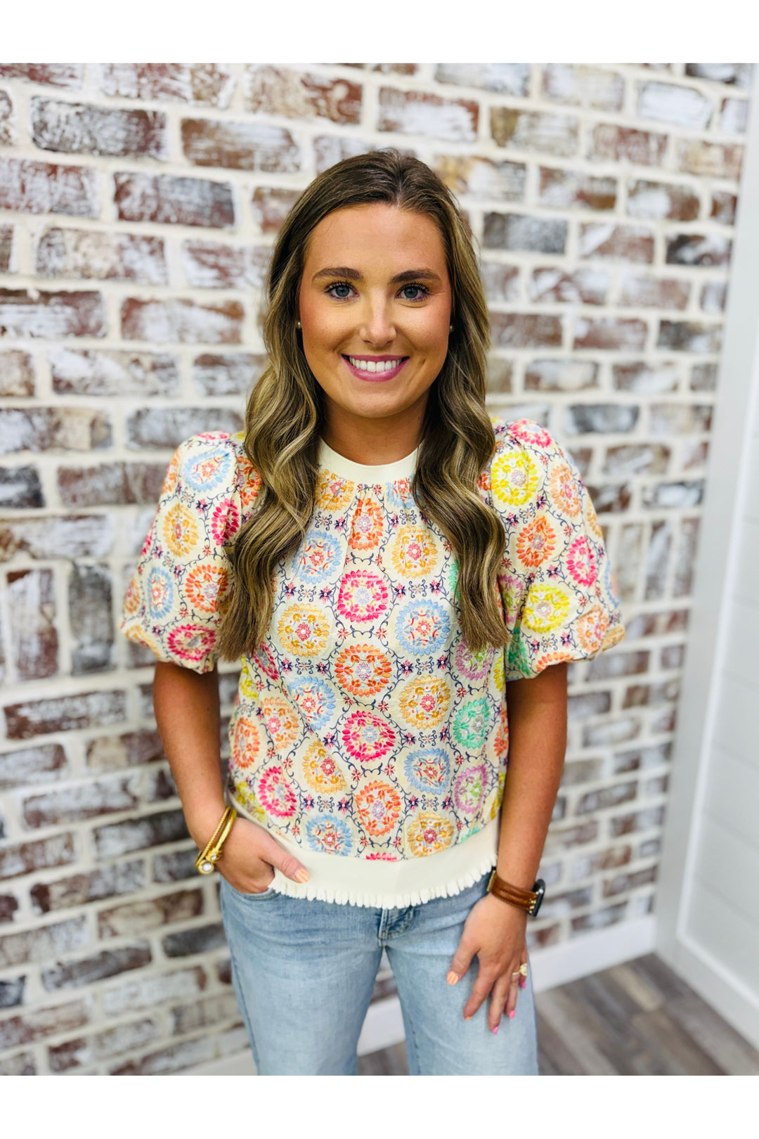 Floral Embroidered Bubble Sleeve Top