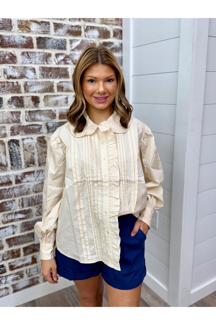 Long sleeve Solid Pleat Ruffle Trim Top in ivory