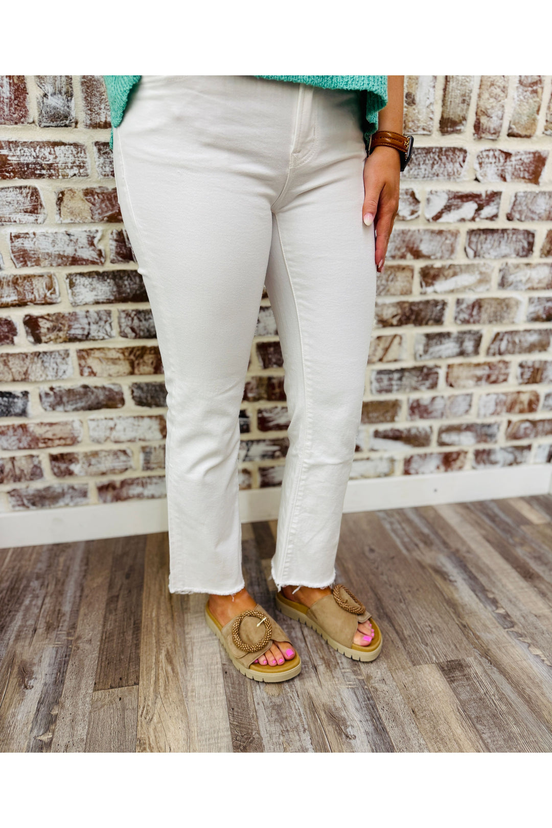 White Mid Rise Raw Hem Crop Flare Jean