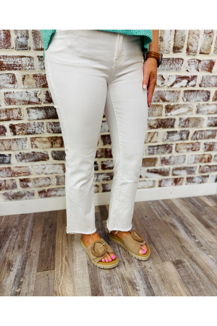 White Mid Rise Raw Hem Crop Flare Jean
