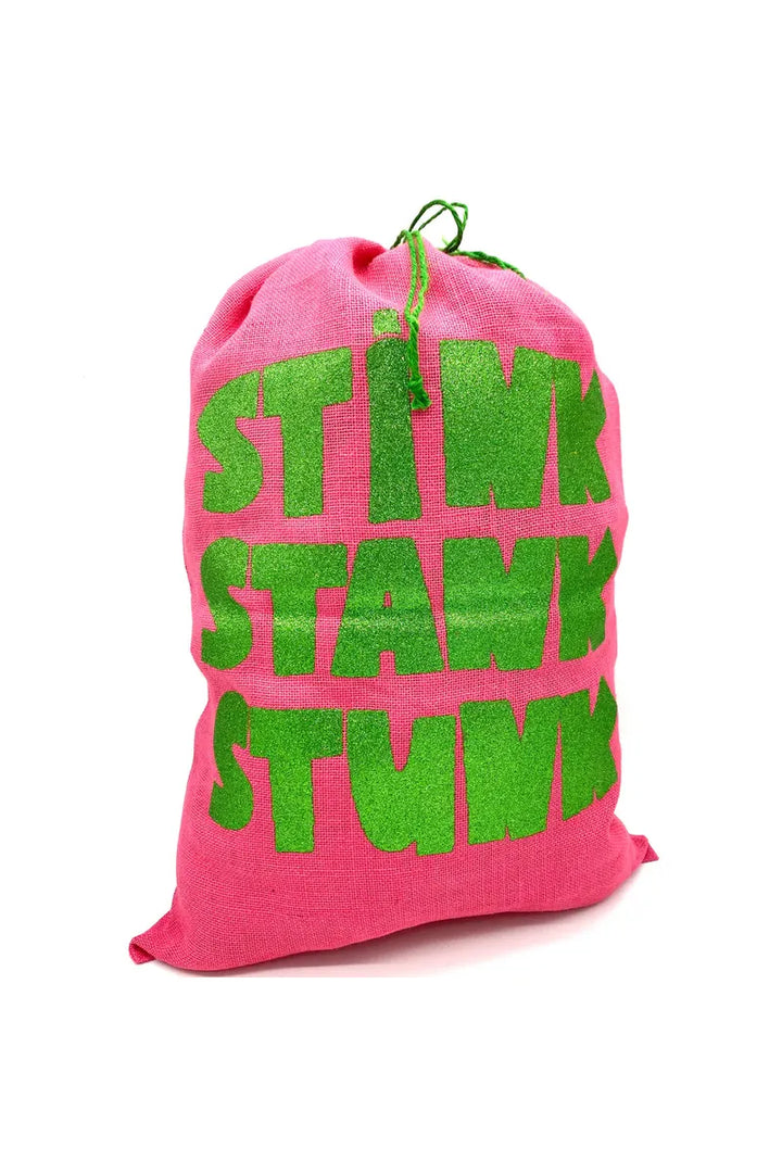 PINK SANTA SACK WITH GLITTER PRINT "STINK, STANK, STUNK"