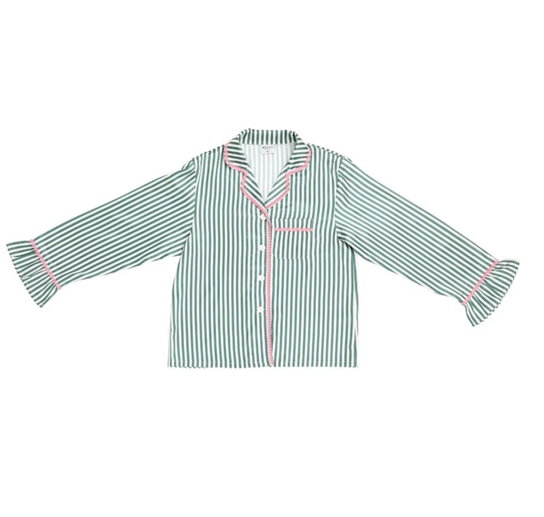 Ruffled PJ Set - Ivory + Green Stripes with Pink Rick Rack Trim