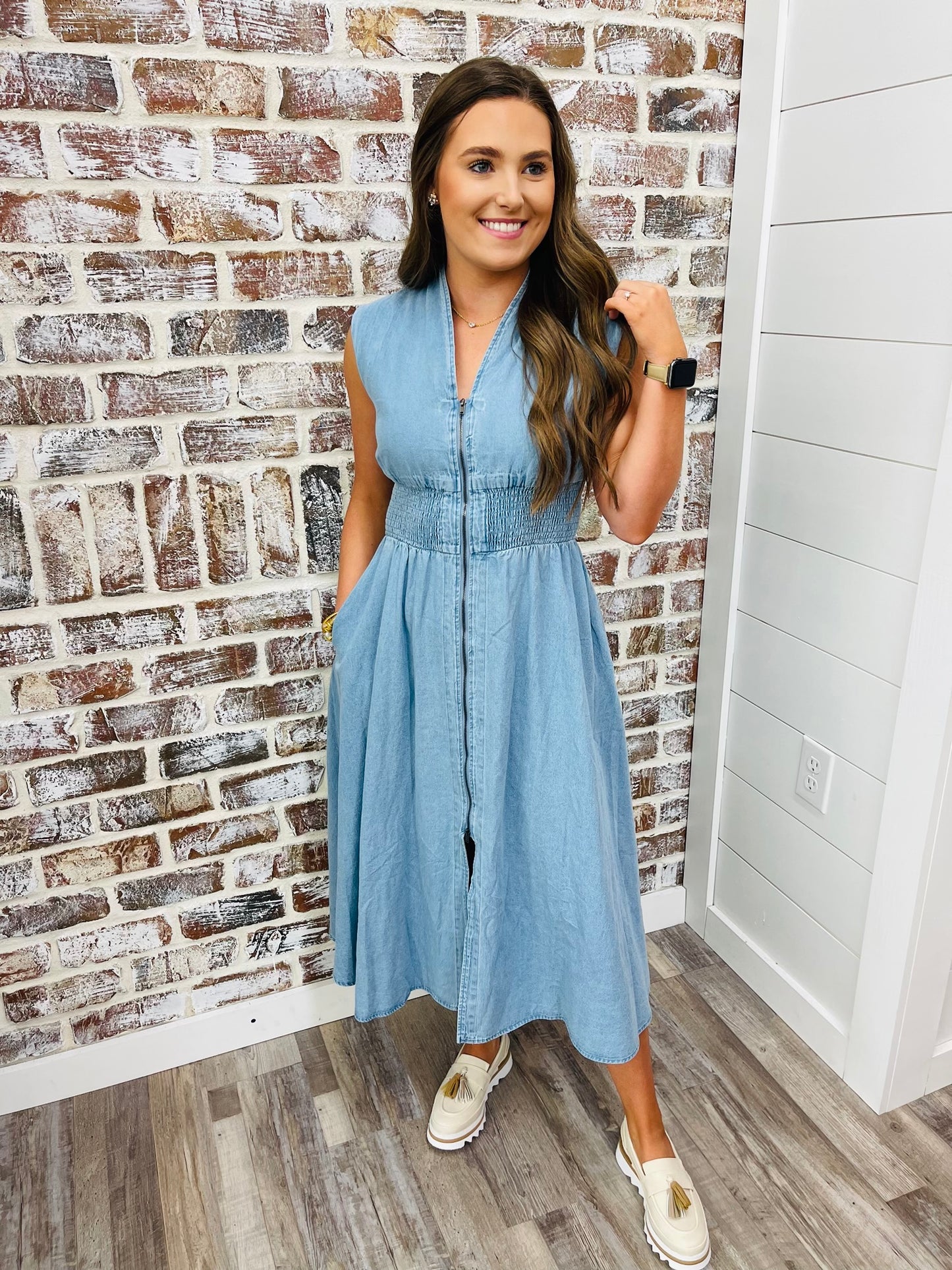 Zipped In Denim Midi Dress