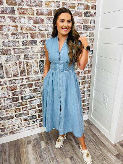 Zipped In Denim Midi Dress