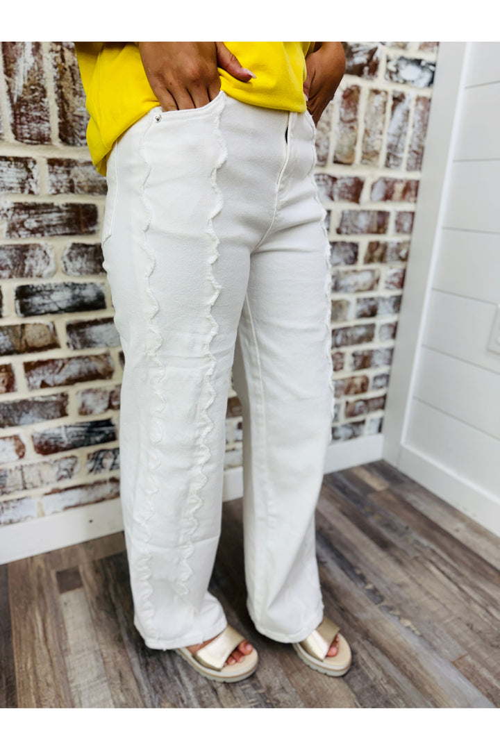 High Rise Wide Leg Pants with Scalloped Front Seam Detail