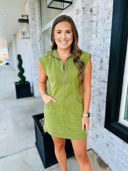 Olive Sporty Zip Dress