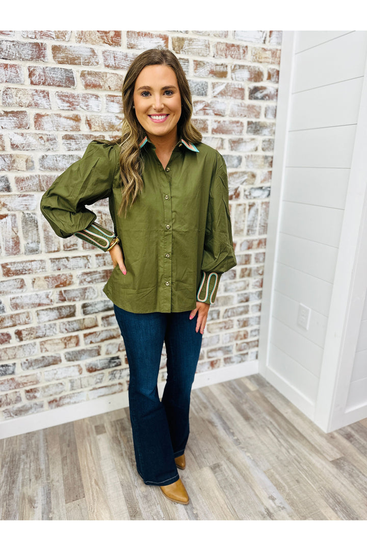 Olive Contrast Button Top
