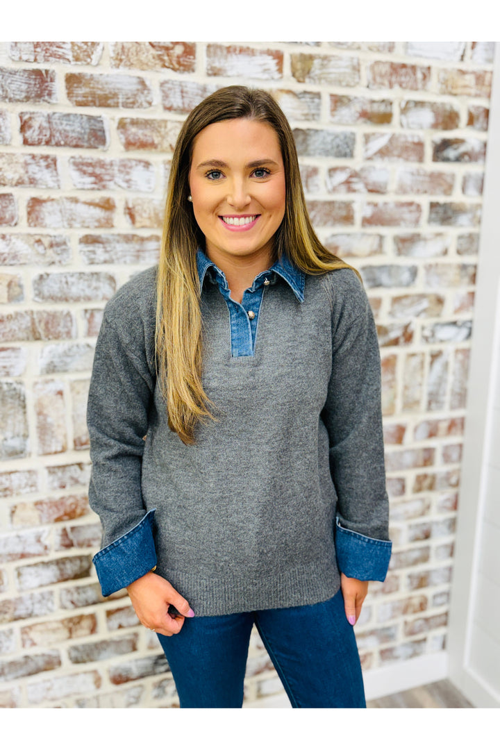 Denim Collar Wool Blend Knit Top