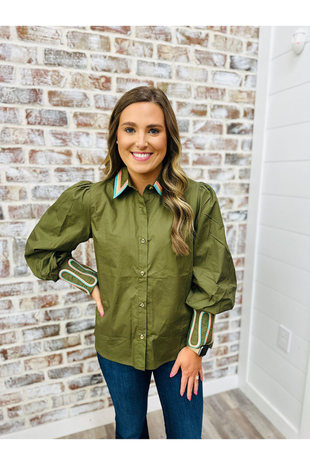Olive Contrast Button Top