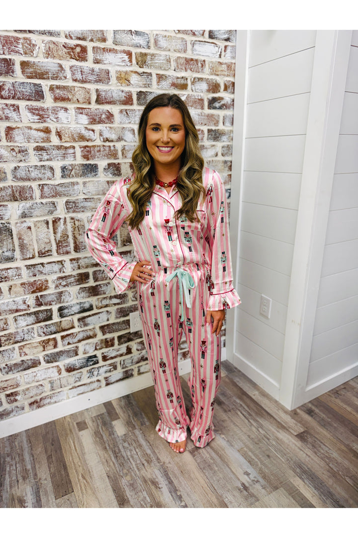 Pink Stripes + Nutcrackers Ruffle Pj Set