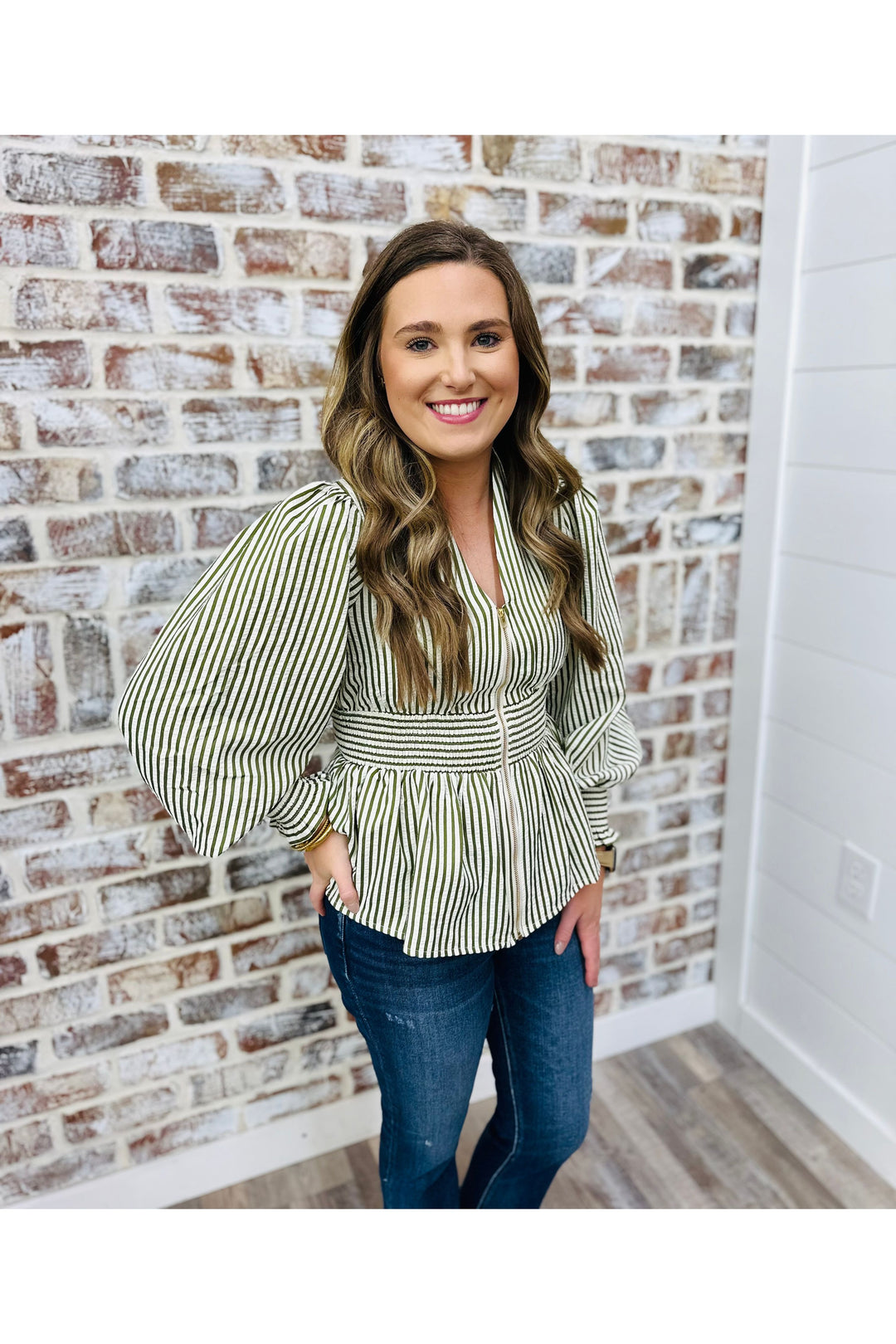 Olive Stripe Zipper Top