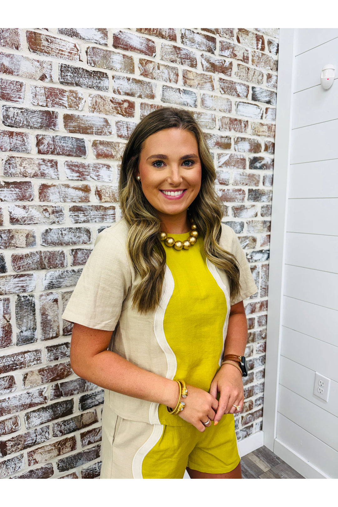 Chartreuse Wavy Contrast Top