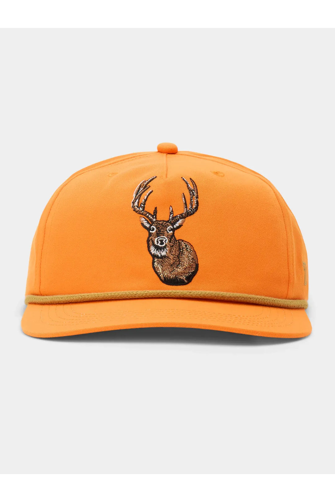 Orange hat with tan rope and buck 