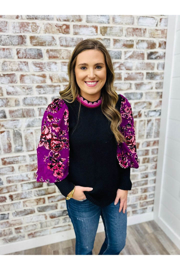 Contrast Floral Velvet Sleeve Sweater