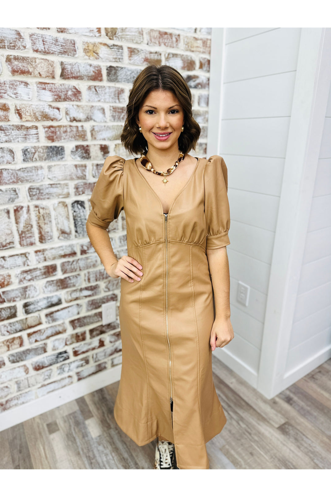 Faux leather midi dress with neck frontline 