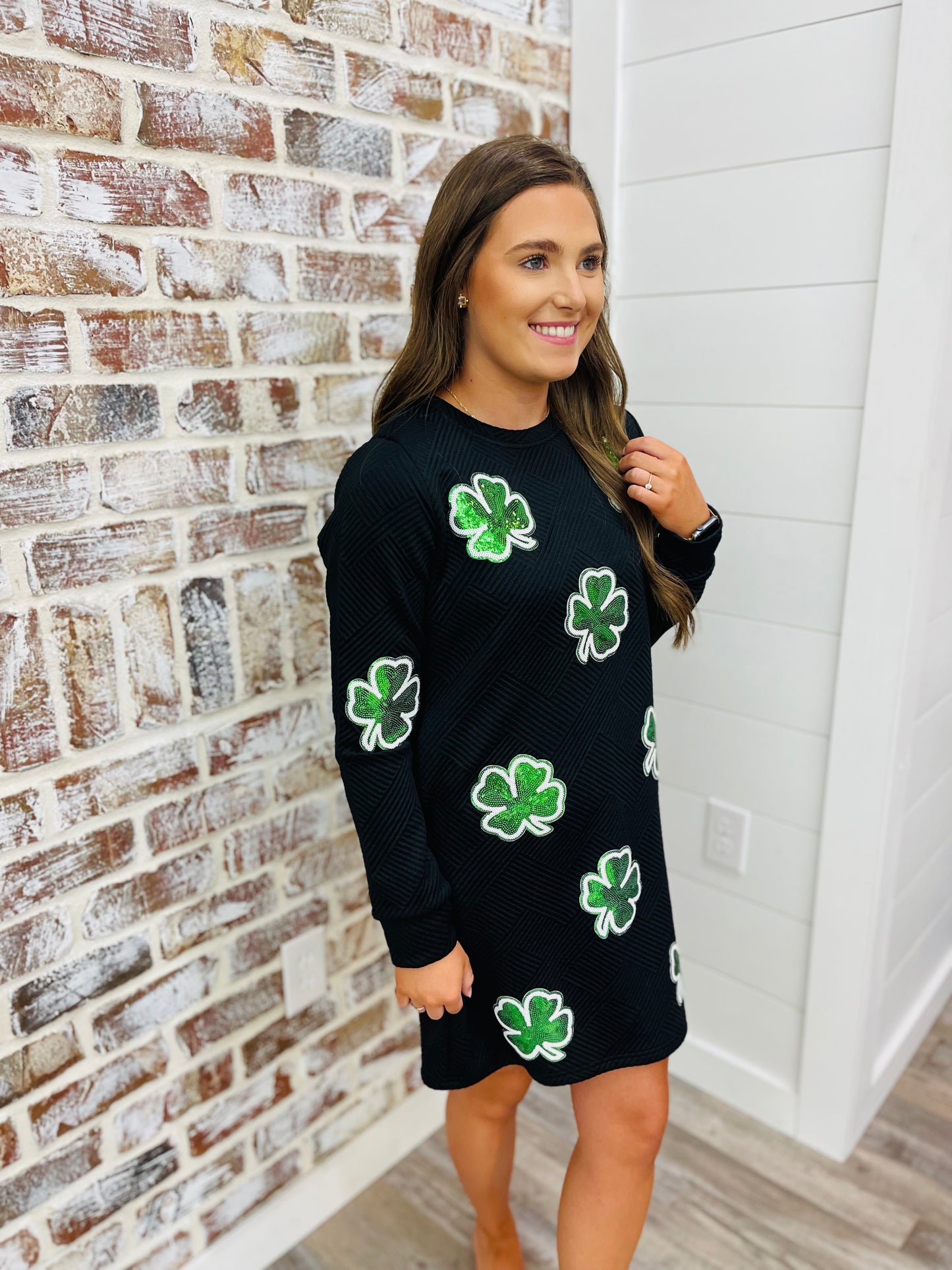 Sequin Clover St. Patrick Graphic Textured Dress