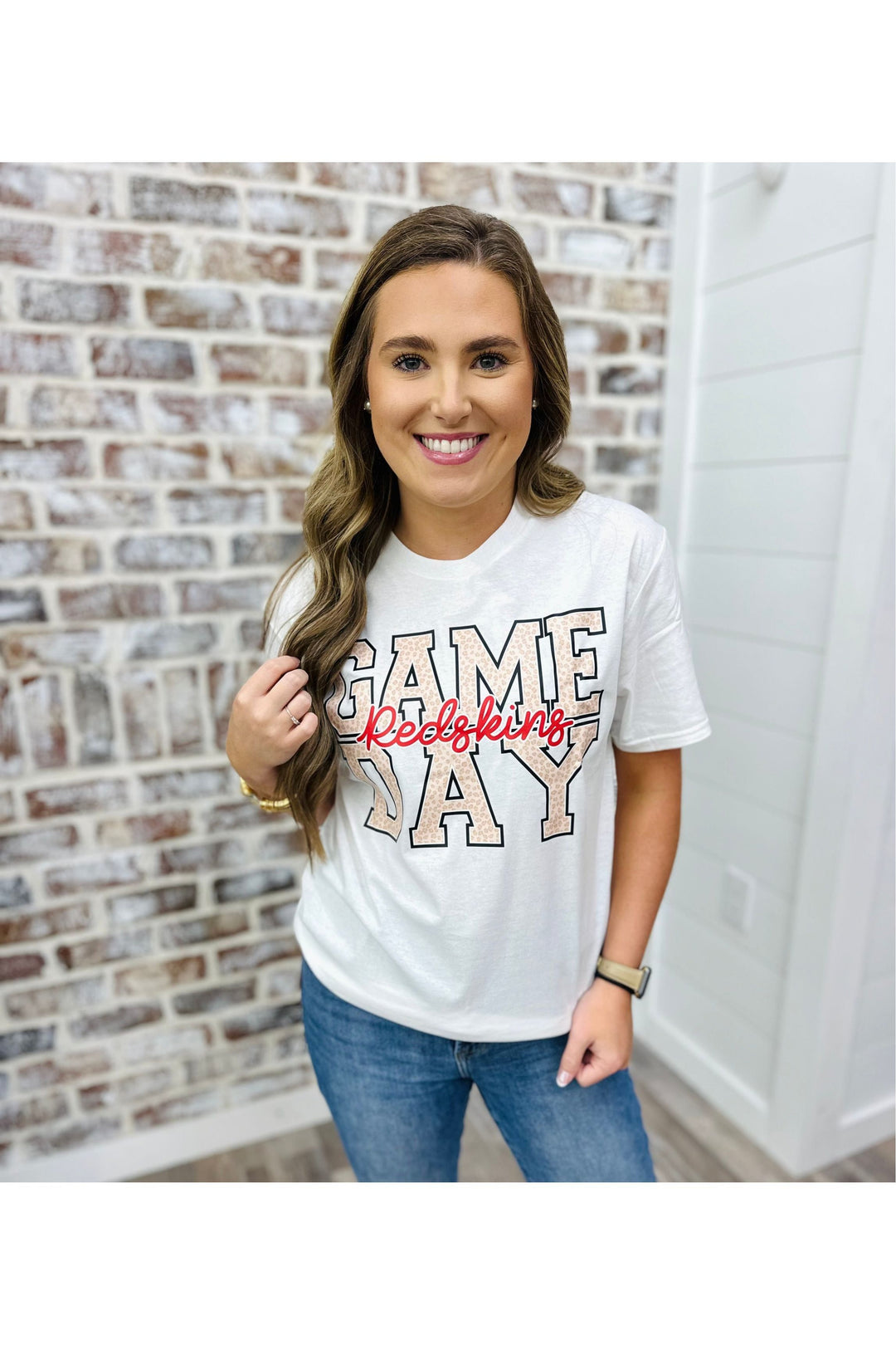 Gameday in leopard with red redskin on white tshirt 