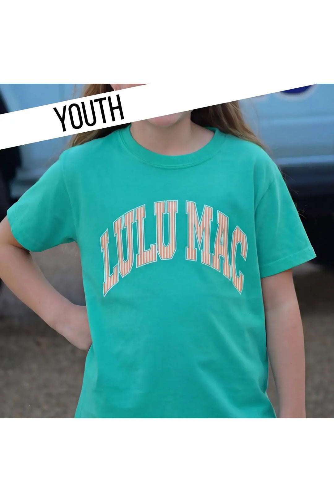 Youth Lulu Mac Stripe Cream Sickle Sky/Island Green Youth Comfort Colors Tee