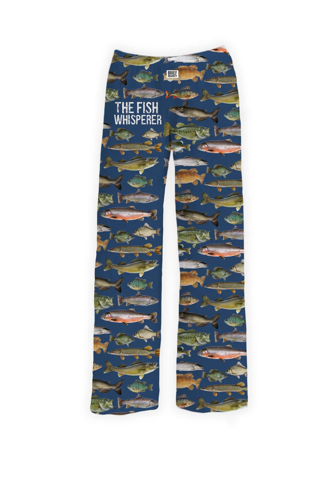 Lounge pants with fish printed all over them