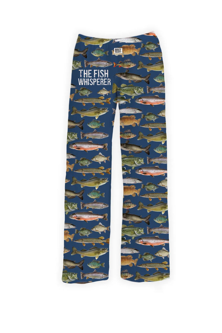 Lounge pants with fish printed all over them