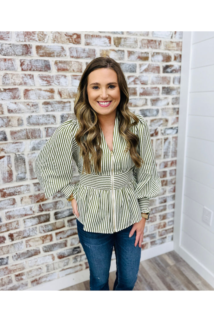 Olive Stripe Zipper Top