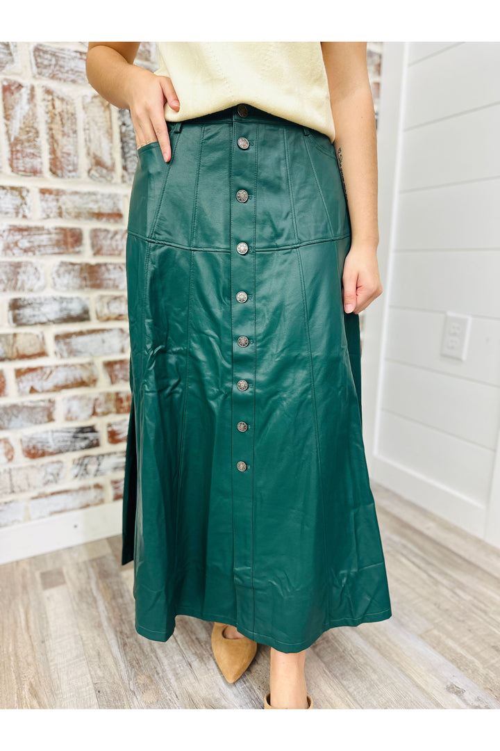 Hunter Green Faux Button Midi Skirt