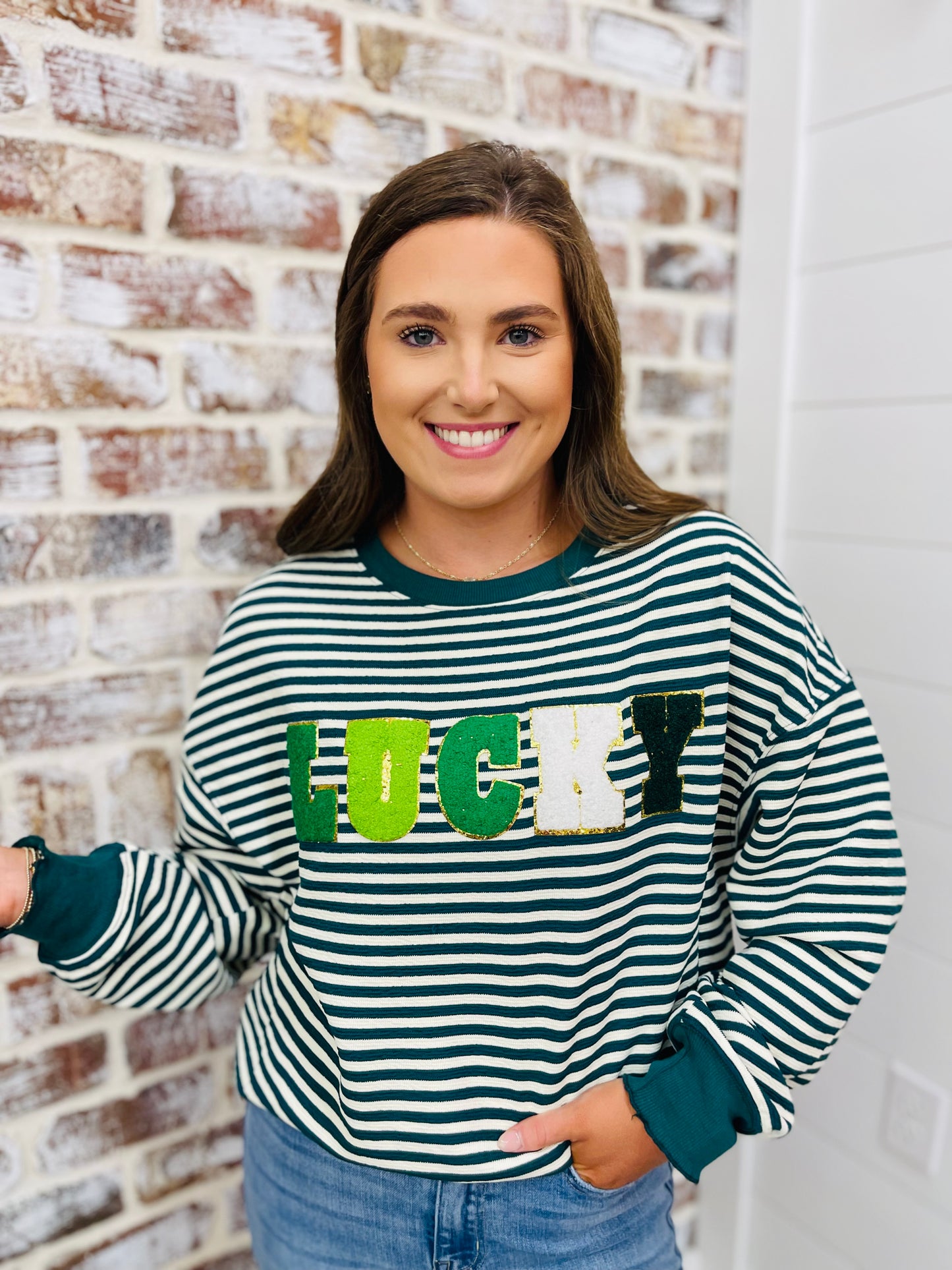 Chenille Lucky Patch Graphic Striped Sweatshirt