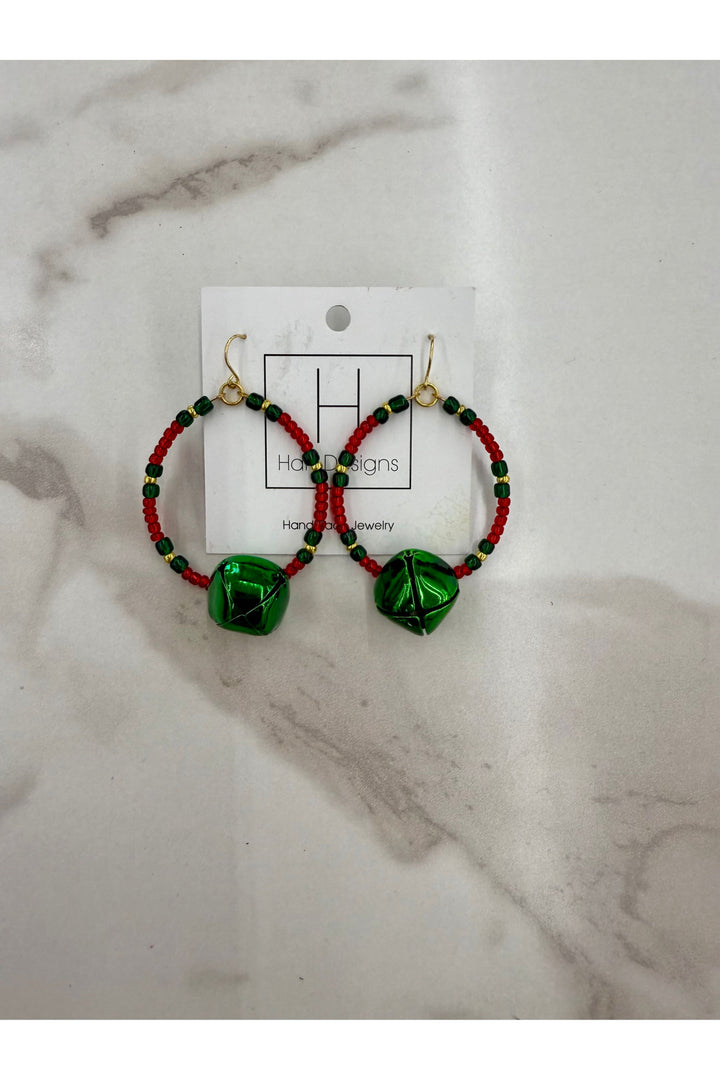 Green jingle bell & beaded earrings