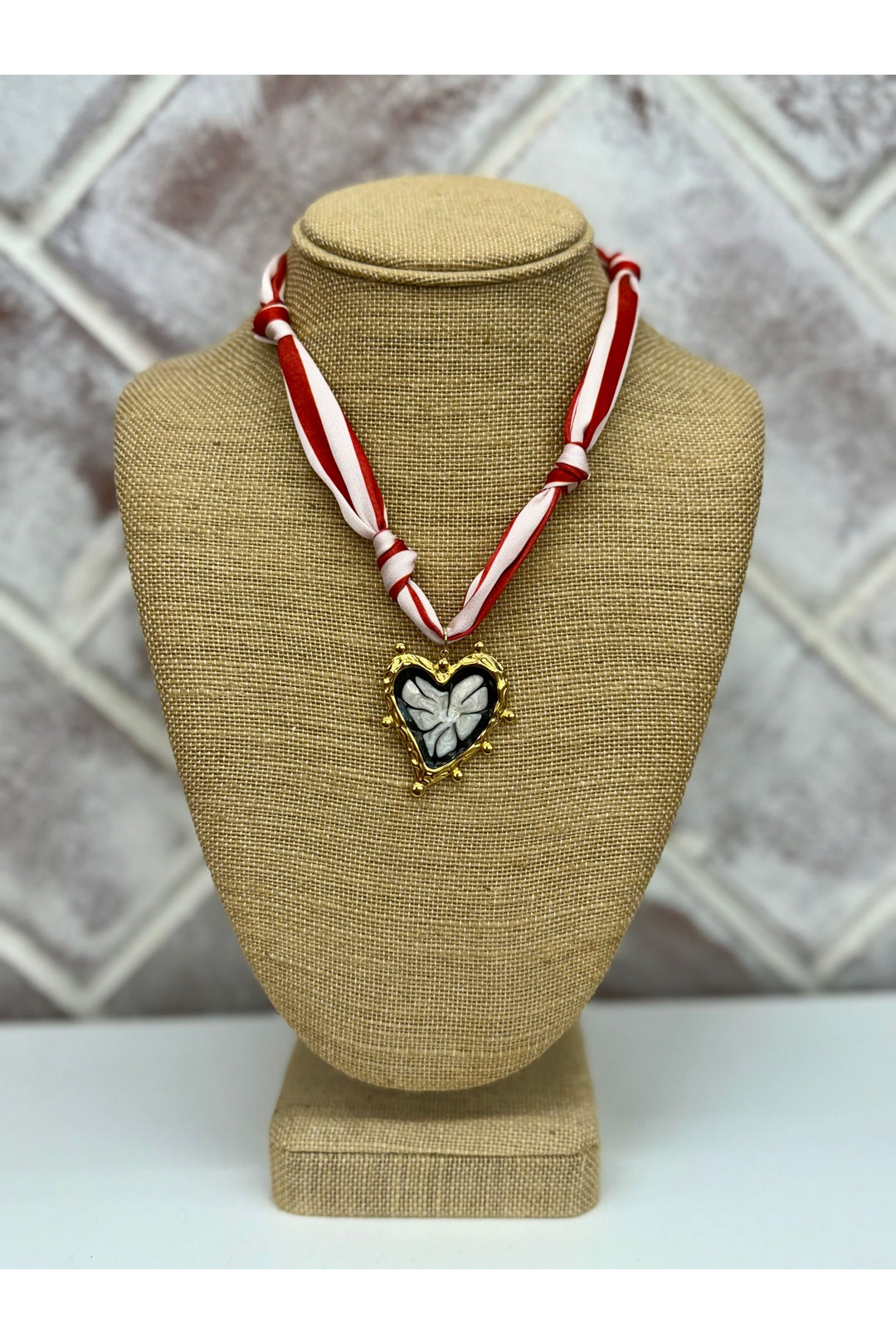 Red & White Scarf Necklace With Heart Charm