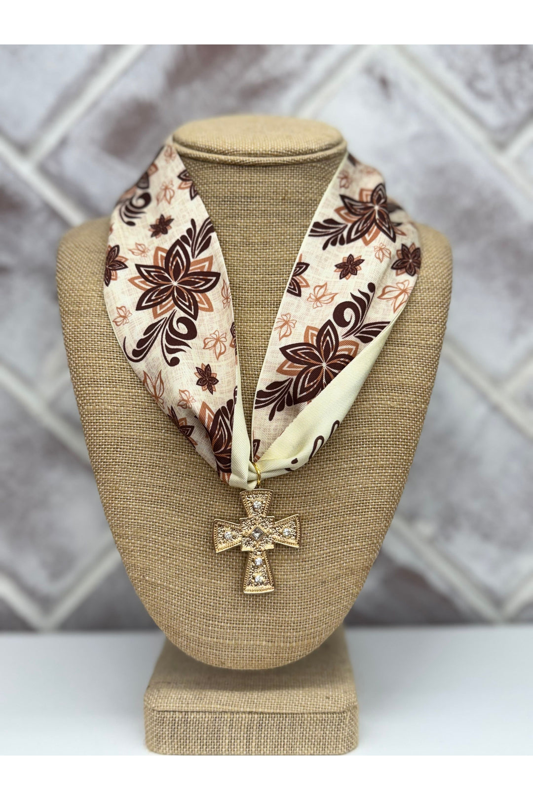 Brown & Cream Floral Print Scarf Necklace With Cross Charm 