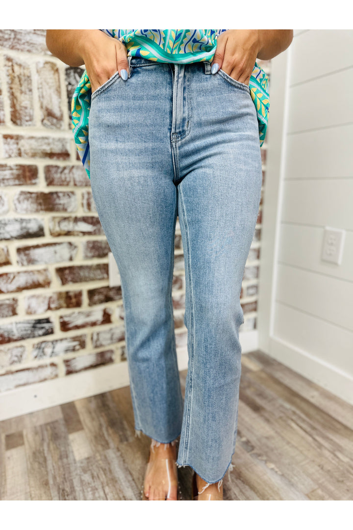Light Washed High Rise Kick Flare