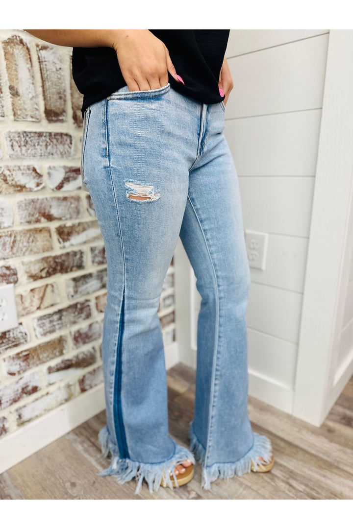 Mid Rise Flare Fray Jeans
