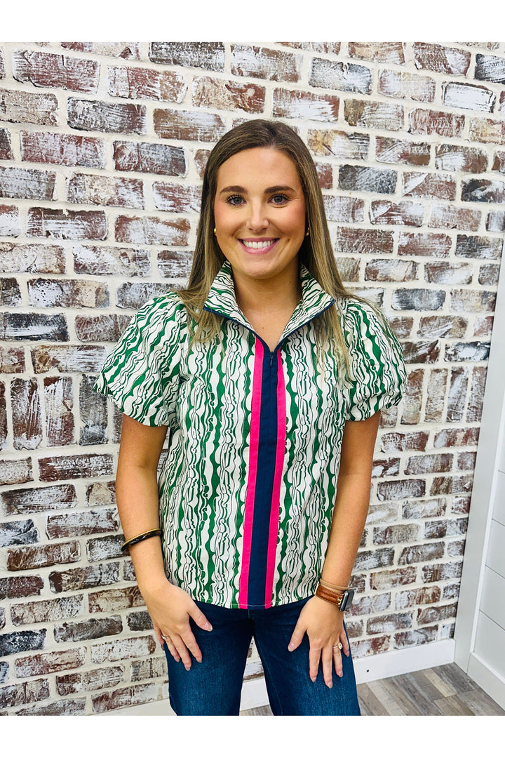 Stripe Quarter Zip Printed Top