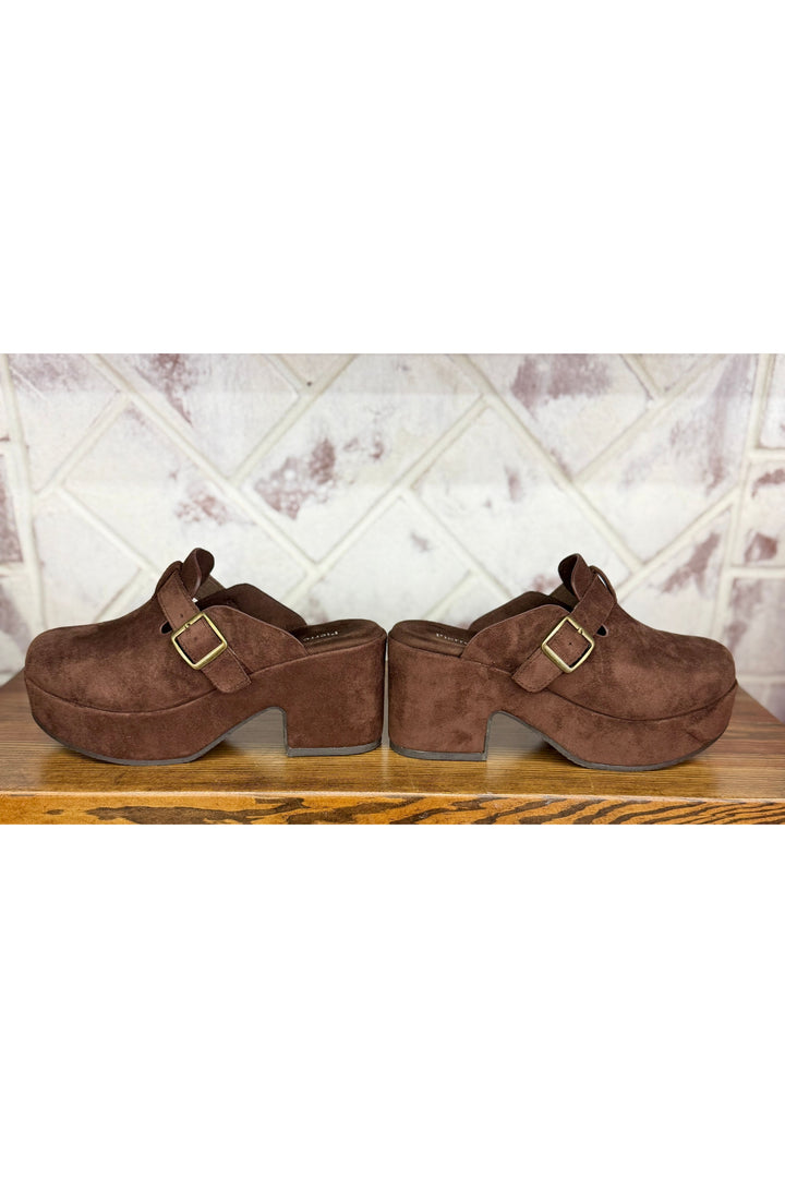 Chocolate Suede Platform Buckle Mule Clog