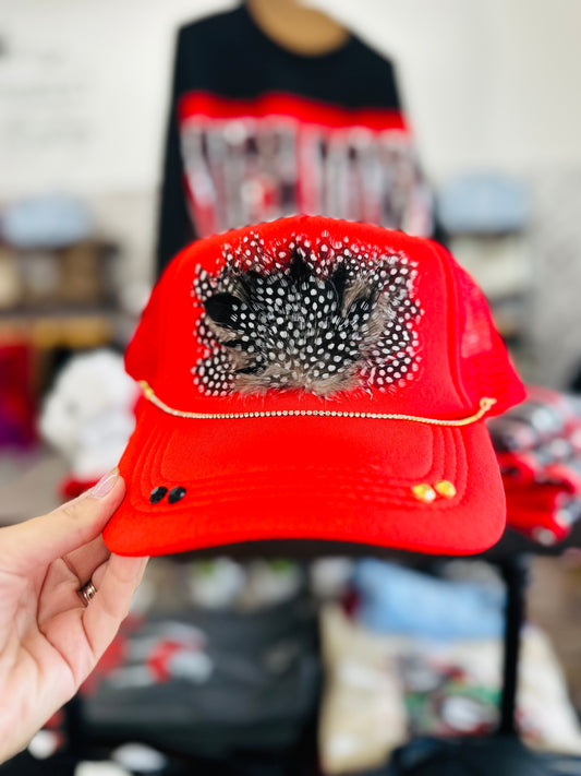 Red Trucker Feather Hat with Diamond Chain