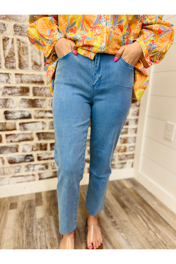 Sky Blue Acid Wash High Rise Straight Pants