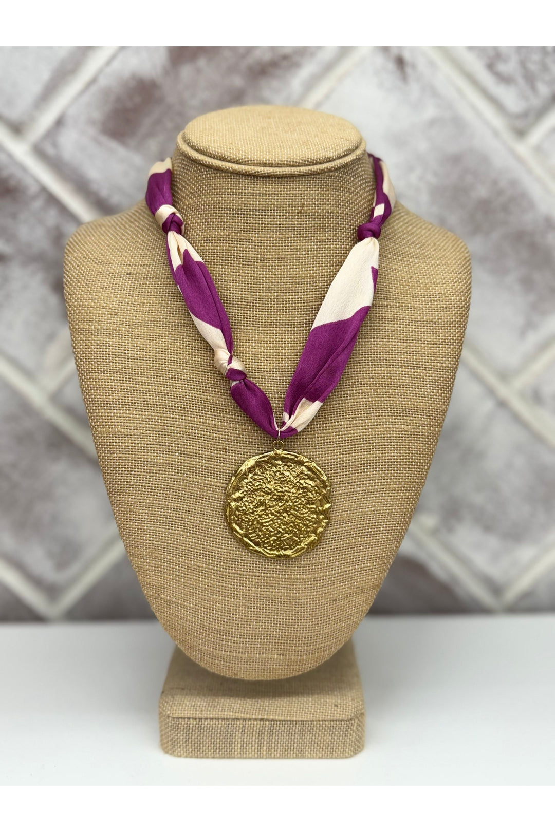 Purple & Cream Scarf Necklace With Gold Charm